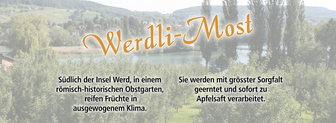 Südlich der Insel Werd, in einem römisch-historischen Obstgarten, reifen Früchte in ausgewogenem Klima. Sie werden mit grösster Sorgfalt geerntet und sofort zu Apfelsaft verarbeitet.